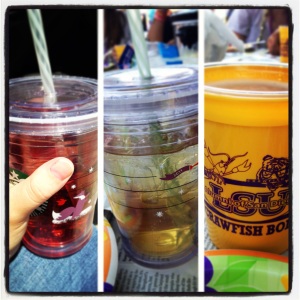 A lil bit of wine, a lil vodka-redbull, and a lil beer at the LSU Crawfish Boil in San Diego.